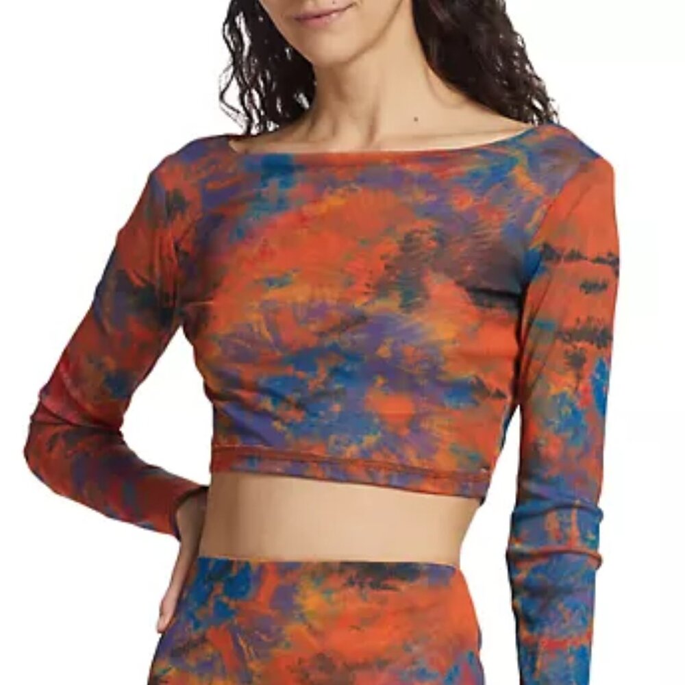 RONNY KOBO Vera Long Sleeve Mesh Crop Top in Orange Tie Dye Size Small Brand New